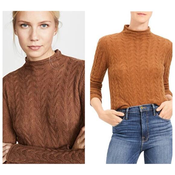 Theory Sweaters - Theory Cable-Knit Mock Neck 100% Cashmere Sweater Size Medium Camel Tan Preppy